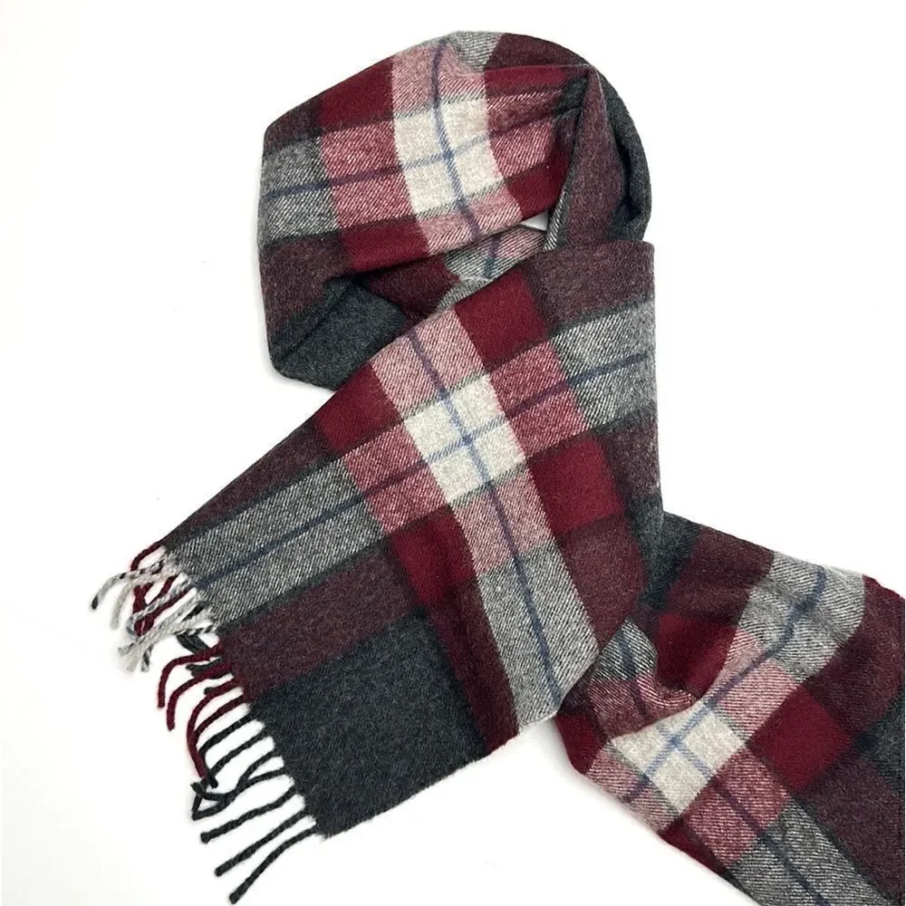 Vintage Merino Wool Gray Burgundy Plaid Scarf made in West Germany